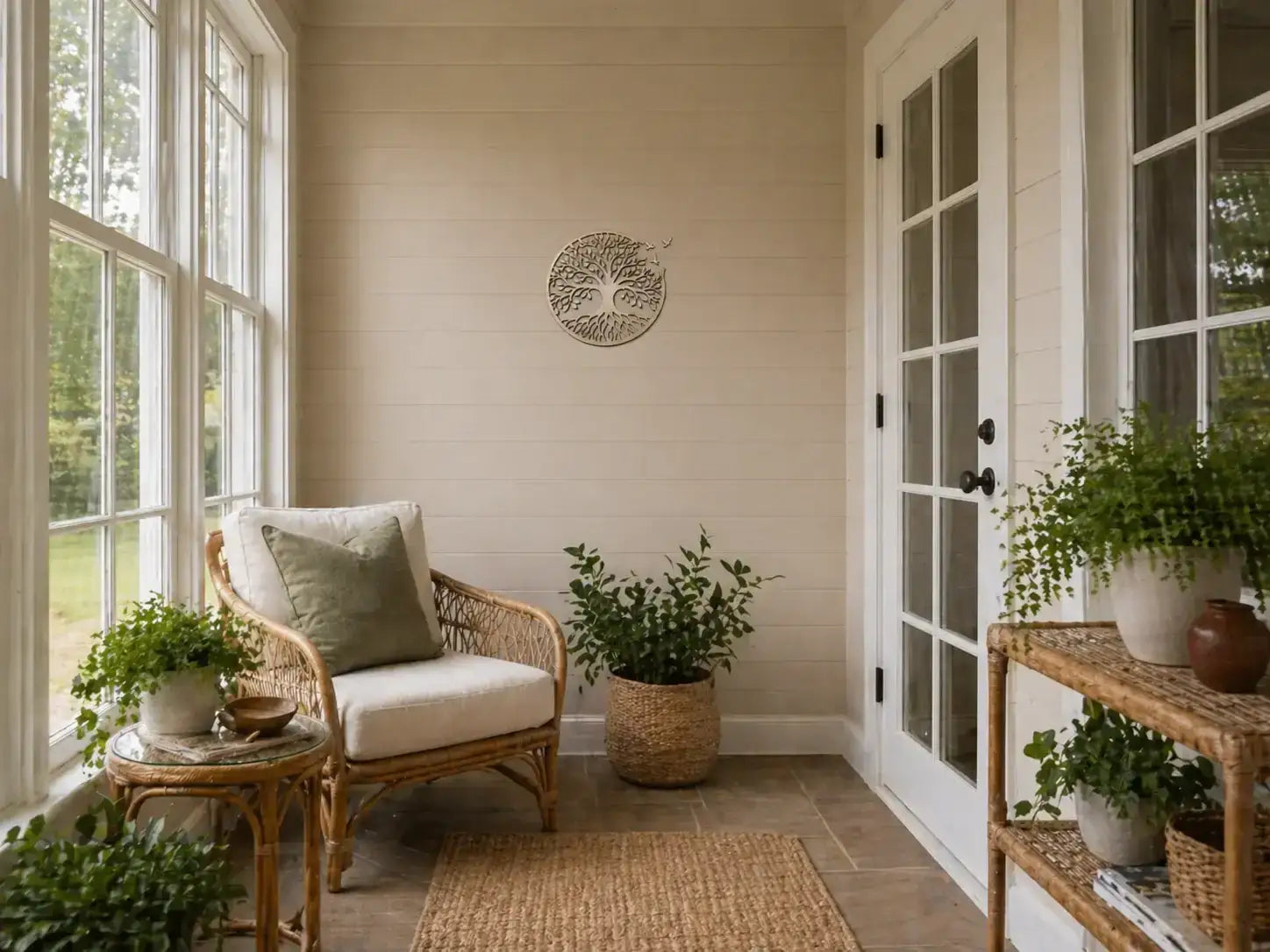 Handcrafted wooden Tree of Life wall art in cozy sunroom with rattan furniture and greenery, rustic home decor