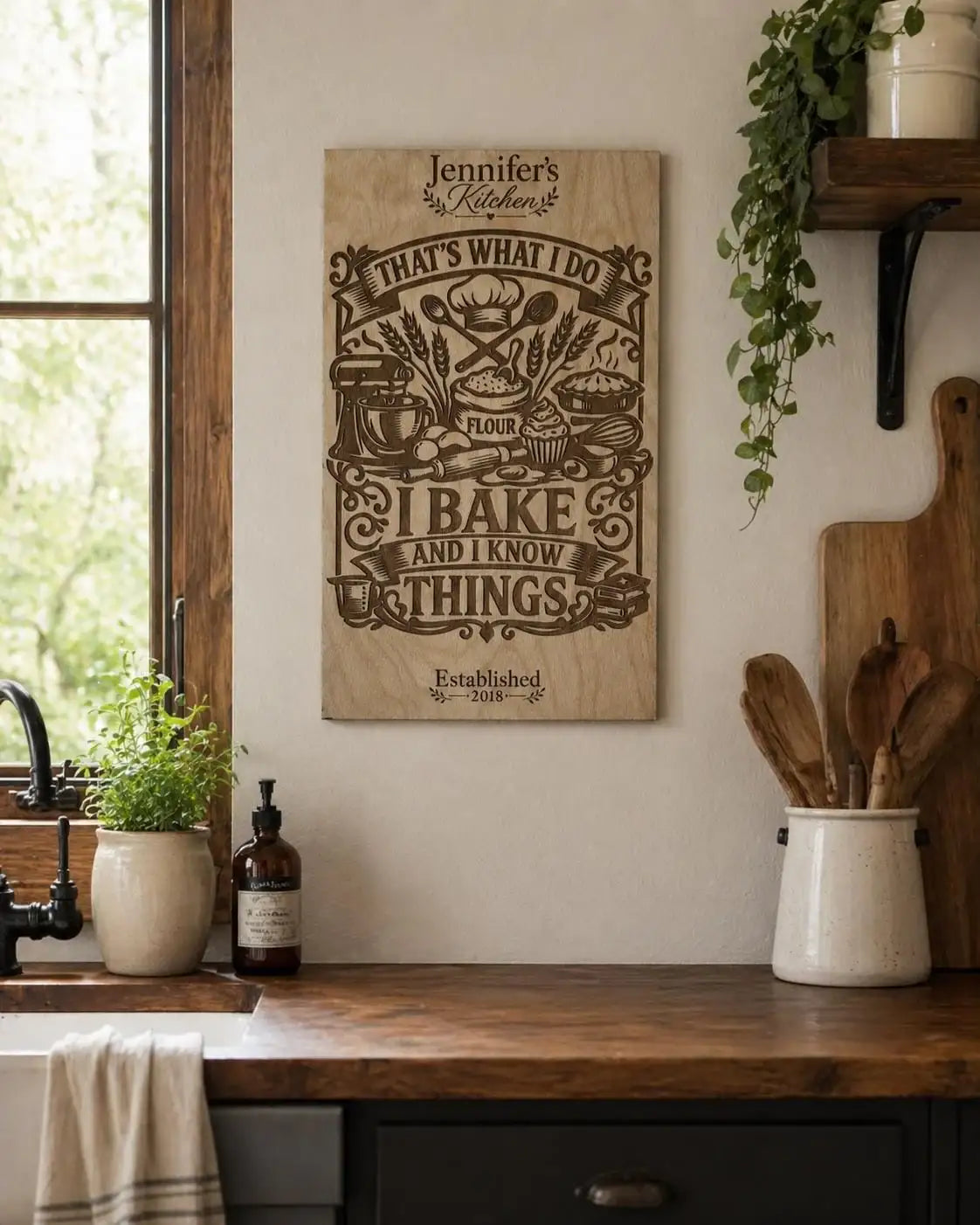 Personalized wooden kitchen sign with baking-themed laser-cut art, perfect for rustic home decor.