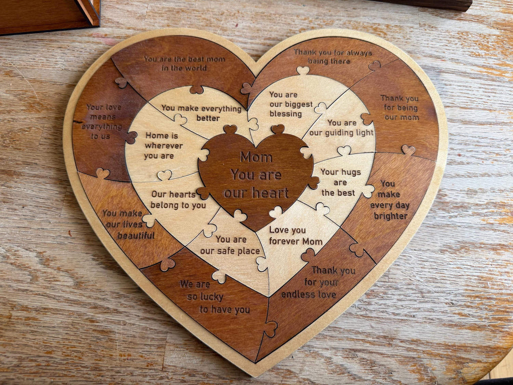 Handcrafted wooden heart puzzle with laser-cut mom quotes, layered wood art for Mother's Day gift