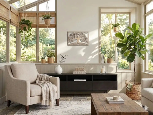 Handcrafted tree of life wood art decor in cozy sunroom with plants and rustic furniture