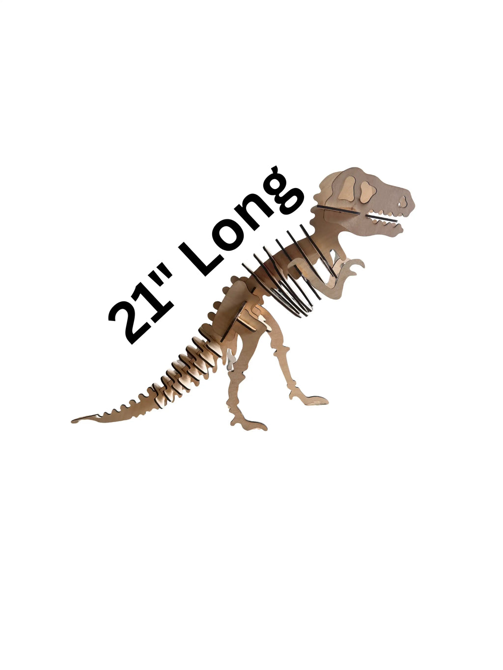 21-inch laser-cut wooden T-Rex skeleton art, layered wood dinosaur decor for home or office
