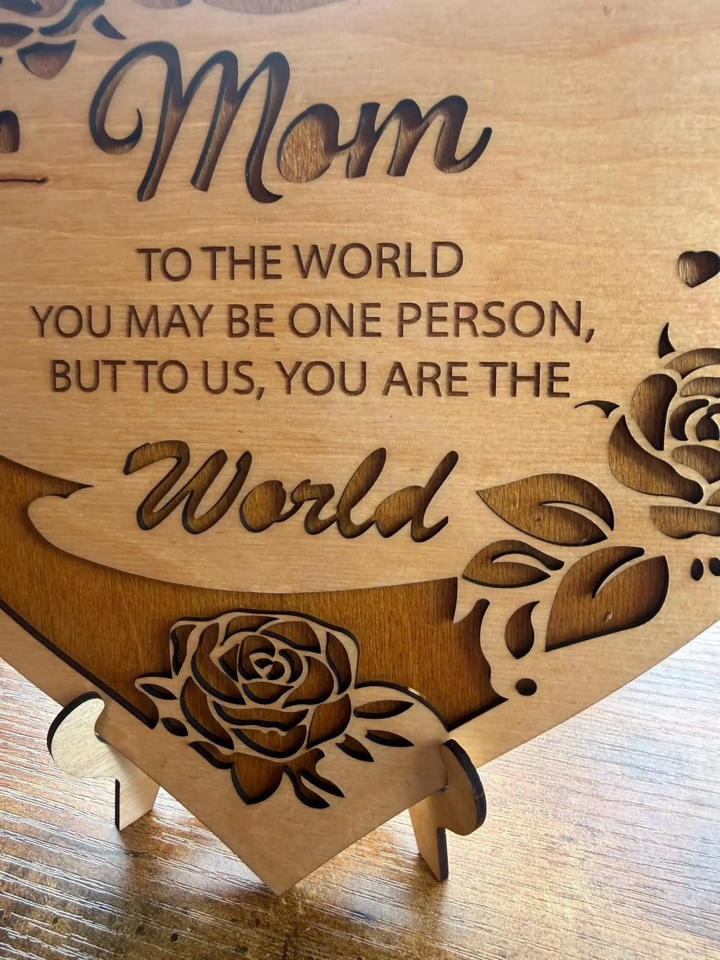 Laser-cut wooden Mom sign with rose design, heartfelt quote for Mother's Day or gift