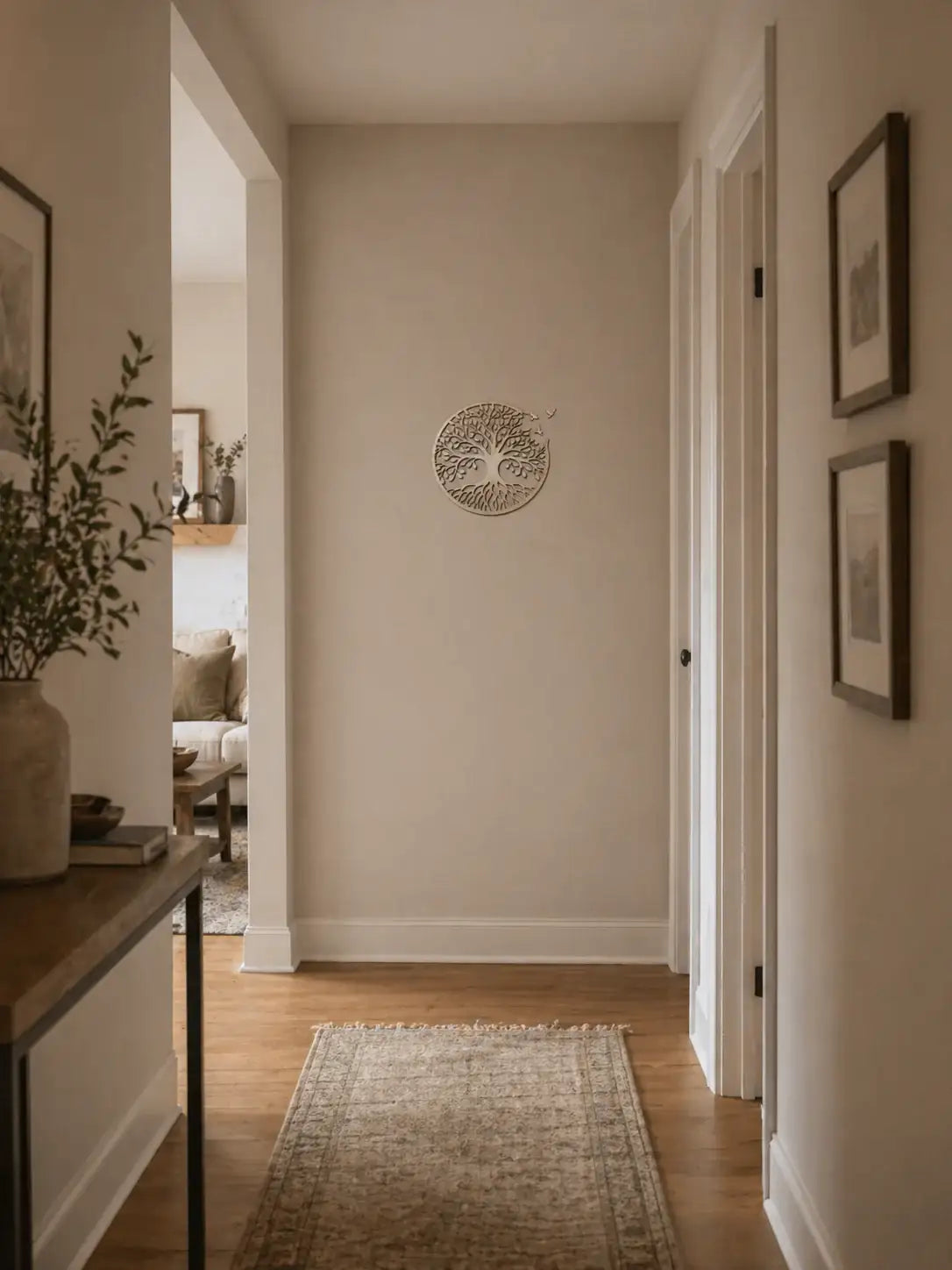 Handcrafted tree of life wall art in a cozy hallway with rustic decor