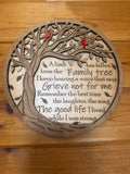 Layered wood family tree art with red birds and heartfelt memorial quote, handcrafted decor