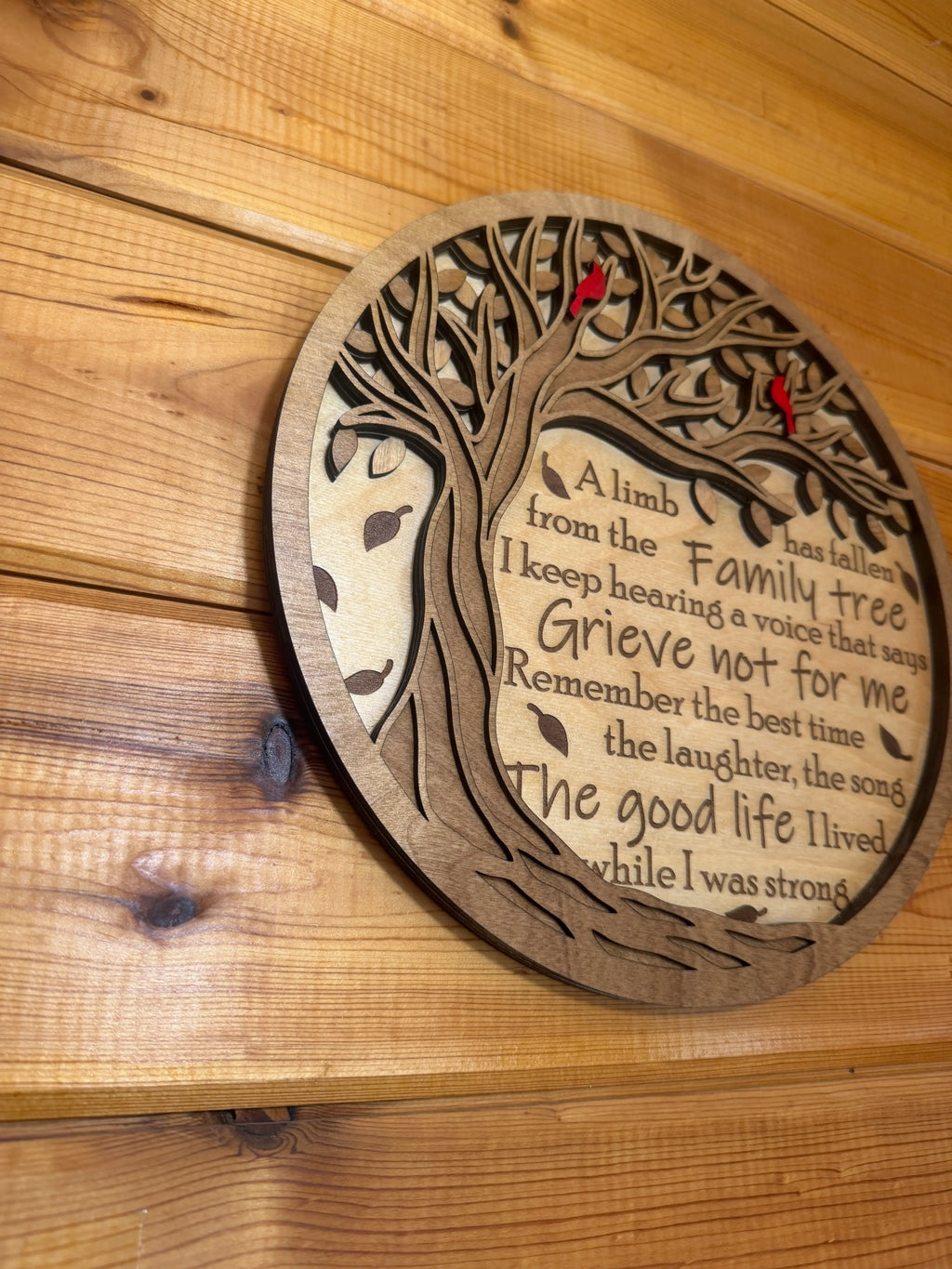Layered wood family tree art with heartfelt quote, laser-cut design for home decor