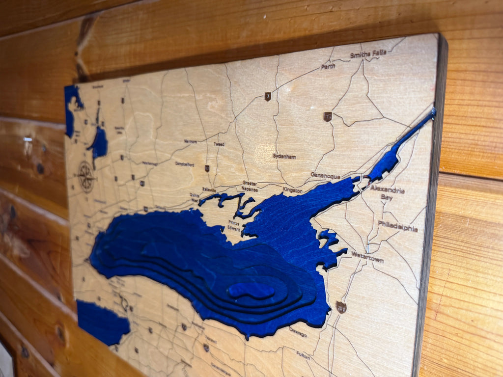 A 3D wooden map wall art piece depicting Lake Erie with topographic contour layers in dark blue and engraved land areas in a light natural wood, mounted on a rustic wood-paneled wall.