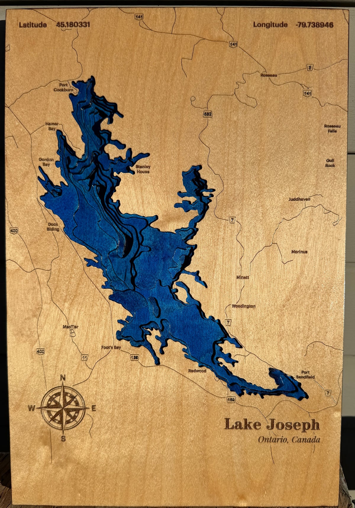 Lake Joseph Ontario 3D Layered Wood Map