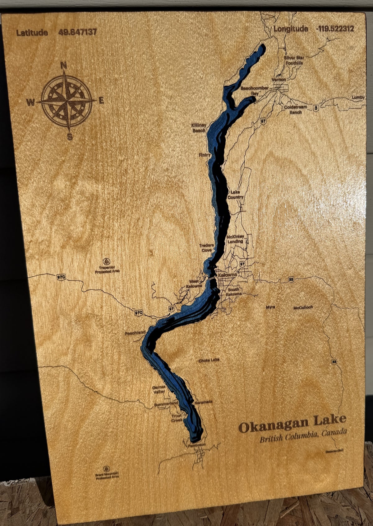 Okanagan Lake 8-Layer Wood Map – British Columbia