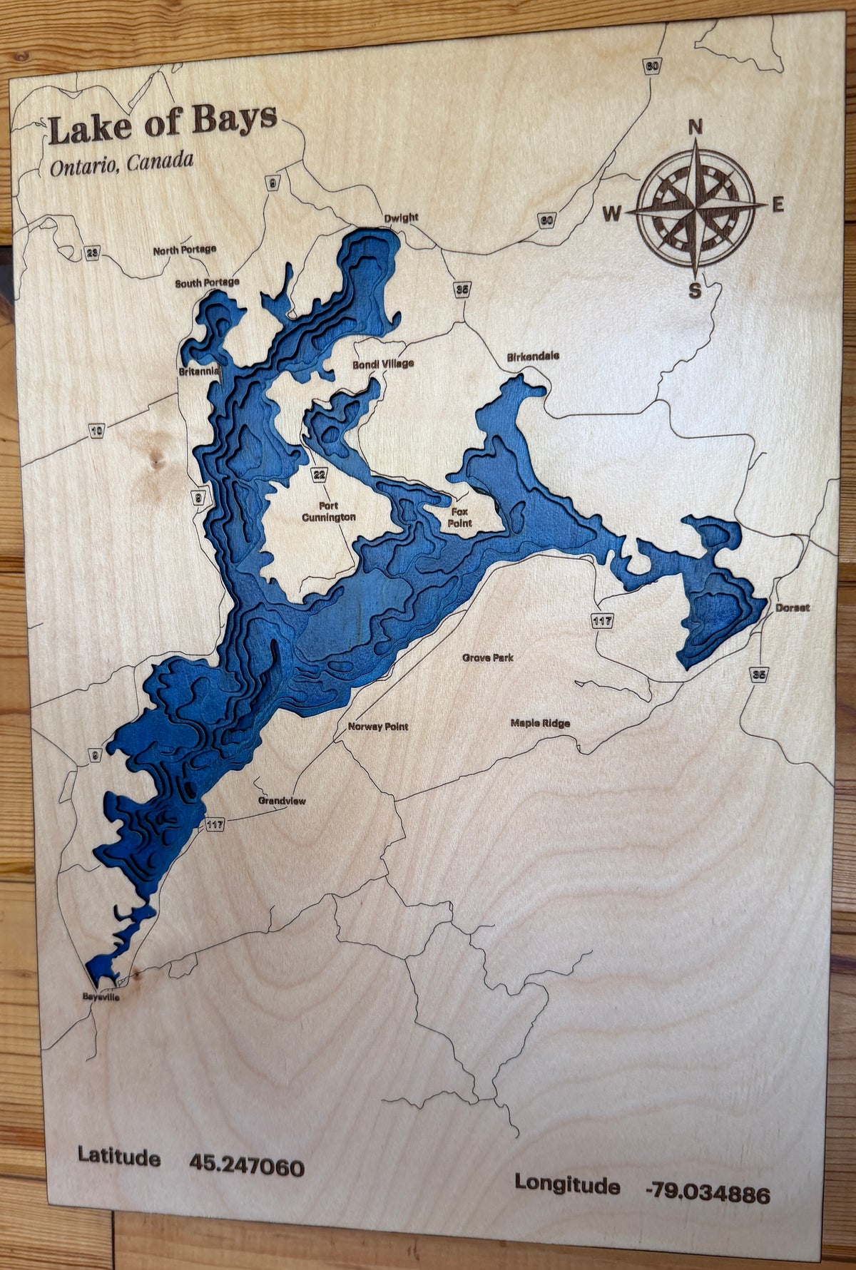 Lake of Bays 8-Layer Wood Map – Muskoka, Ontario