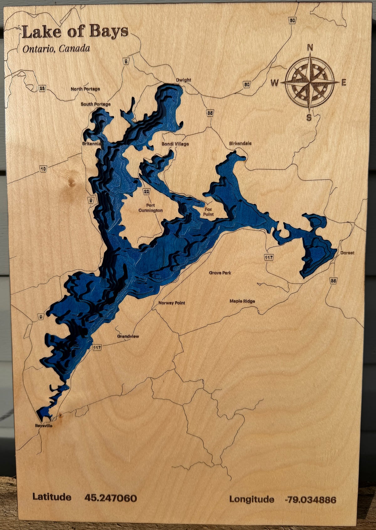 Lake of Bays 8-Layer Wood Map – Muskoka, Ontario