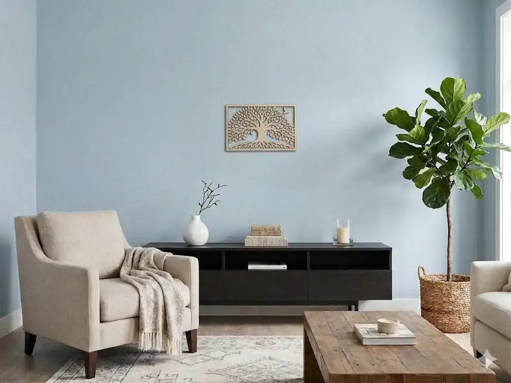 Handcrafted wooden tree of life wall art in cozy living room with modern decor