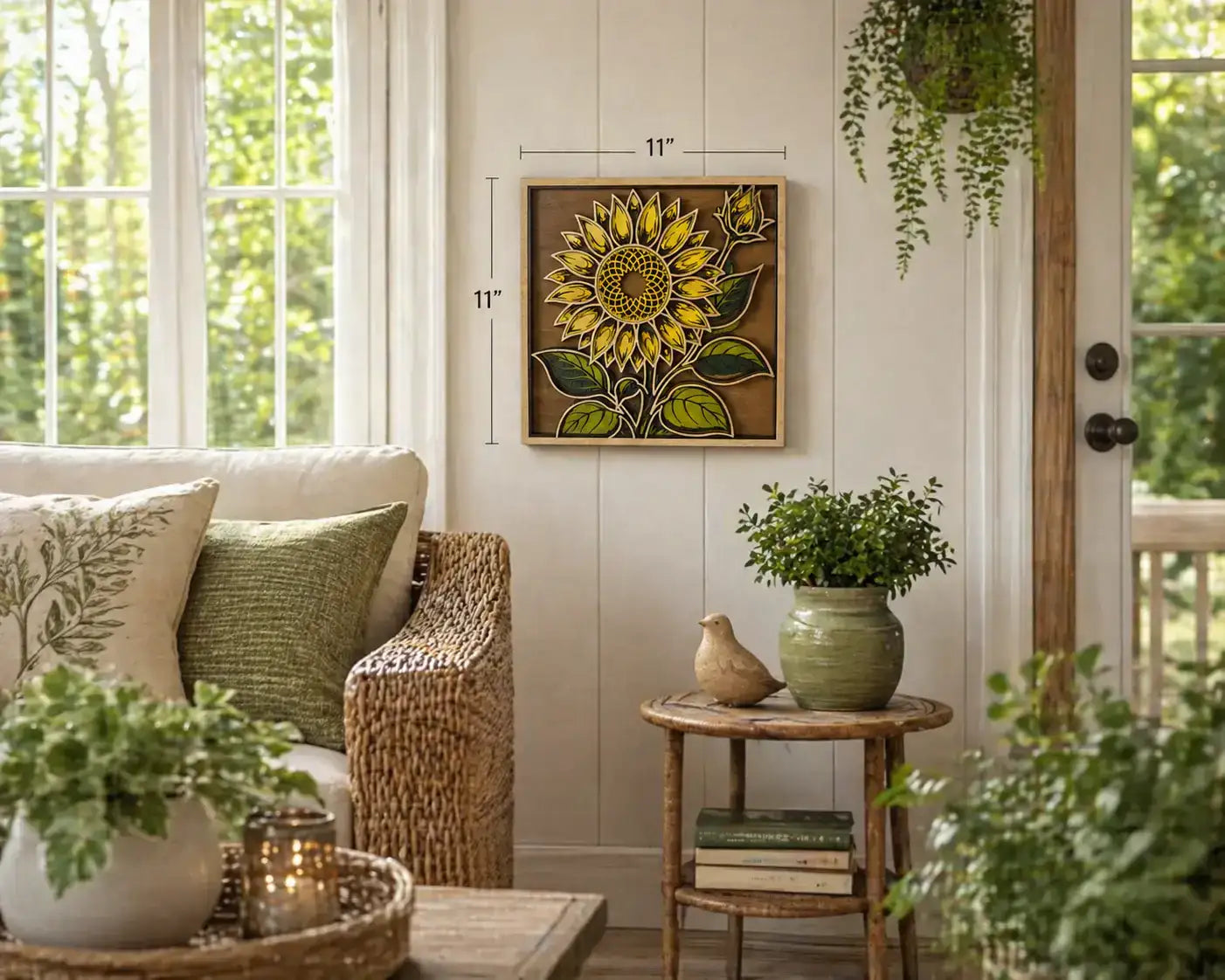 Layered wood sunflower wall art, 11 inches, rustic home decor with green leaves and warm tones