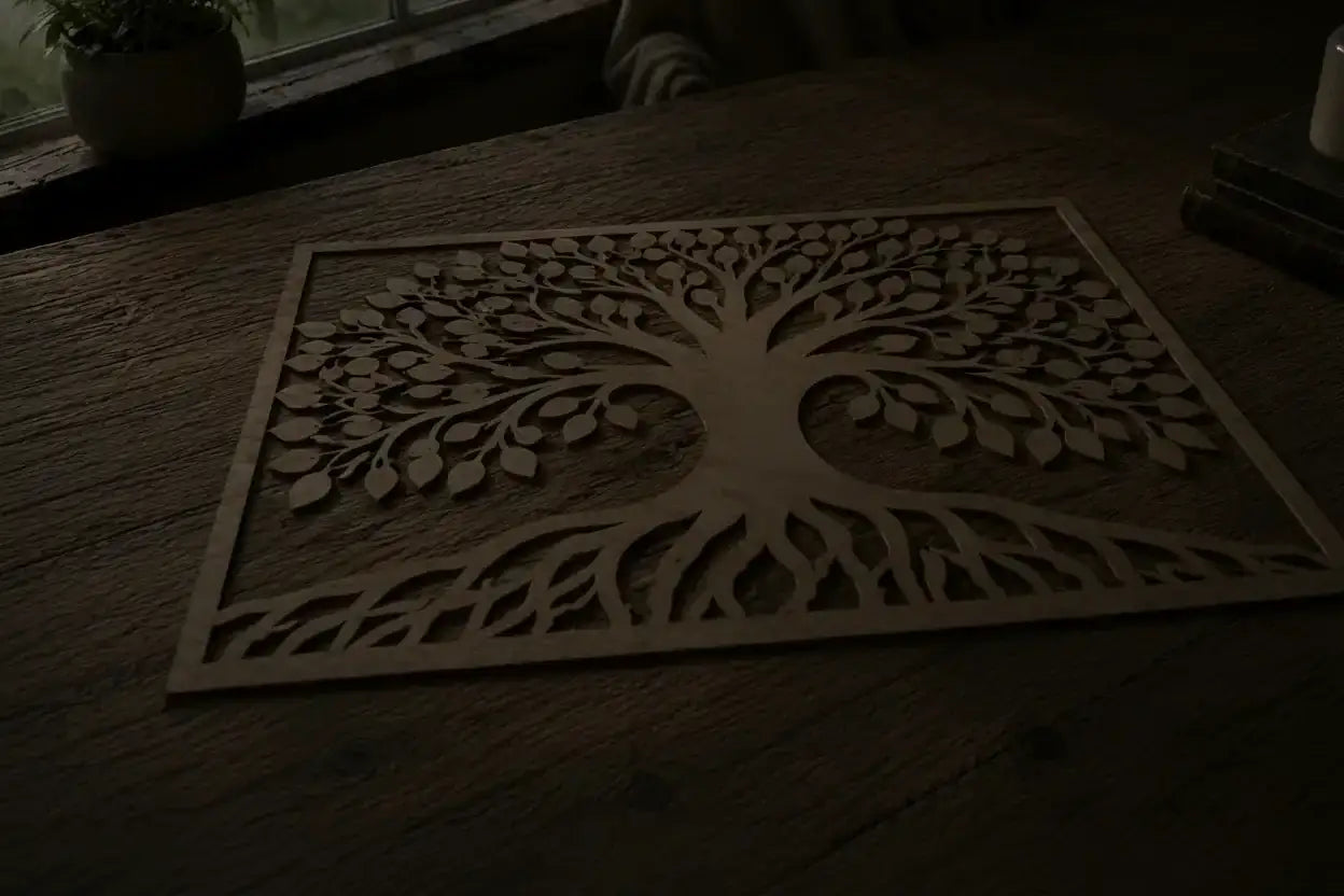 Laser-cut wooden tree of life art with intricate roots and leaves, perfect for rustic home decor.