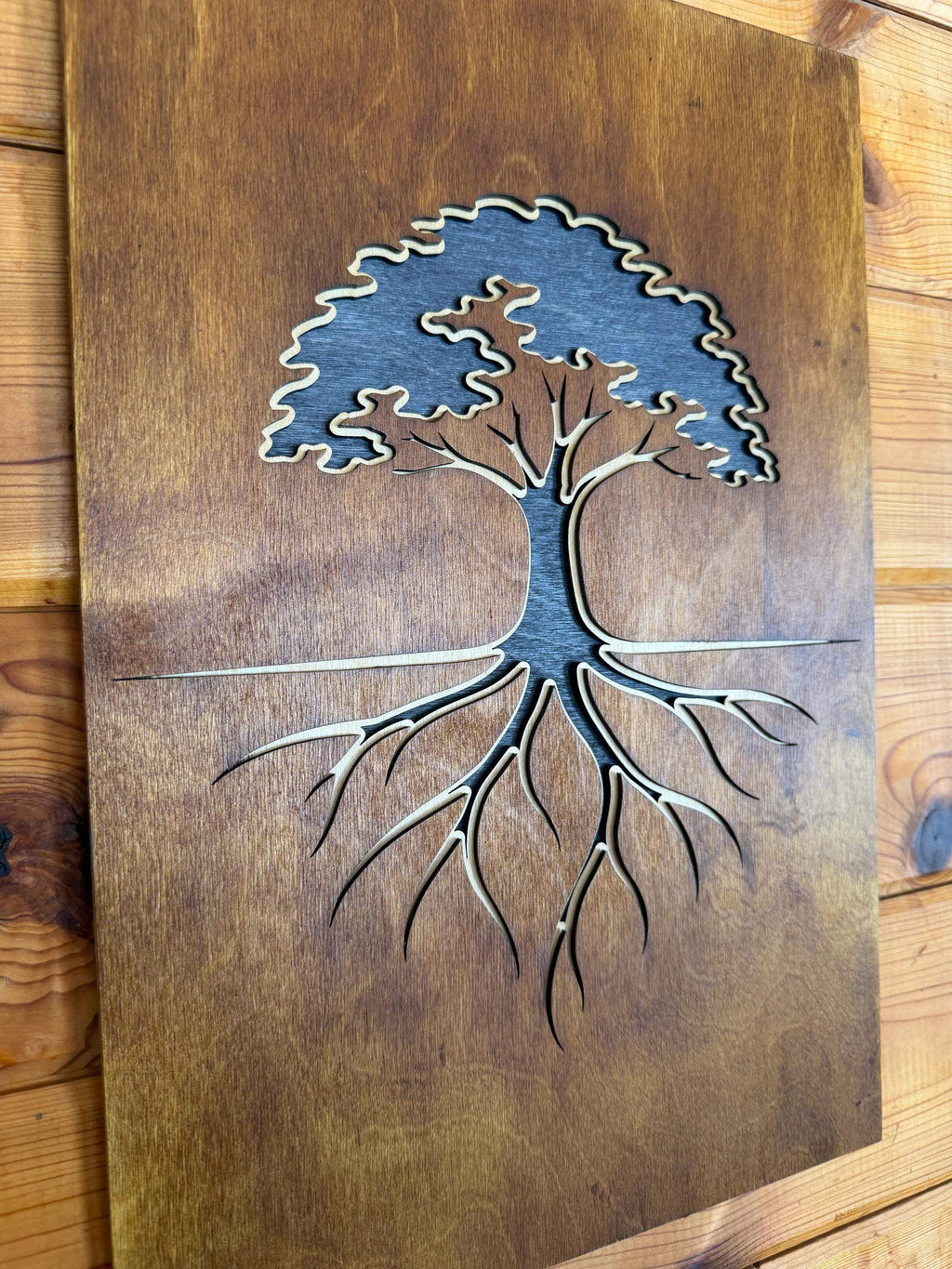 Layered wood art tree with roots, handcrafted laser-cut decor