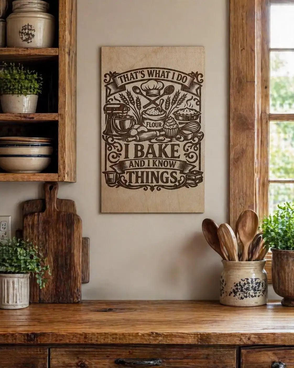 Laser-cut wood kitchen art with 'I bake and I know things' quote, rustic decor for home baking enthusiasts