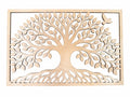 Laser-cut wooden Tree of Life wall art with intricate branches, roots, and flying bird, handmade decor