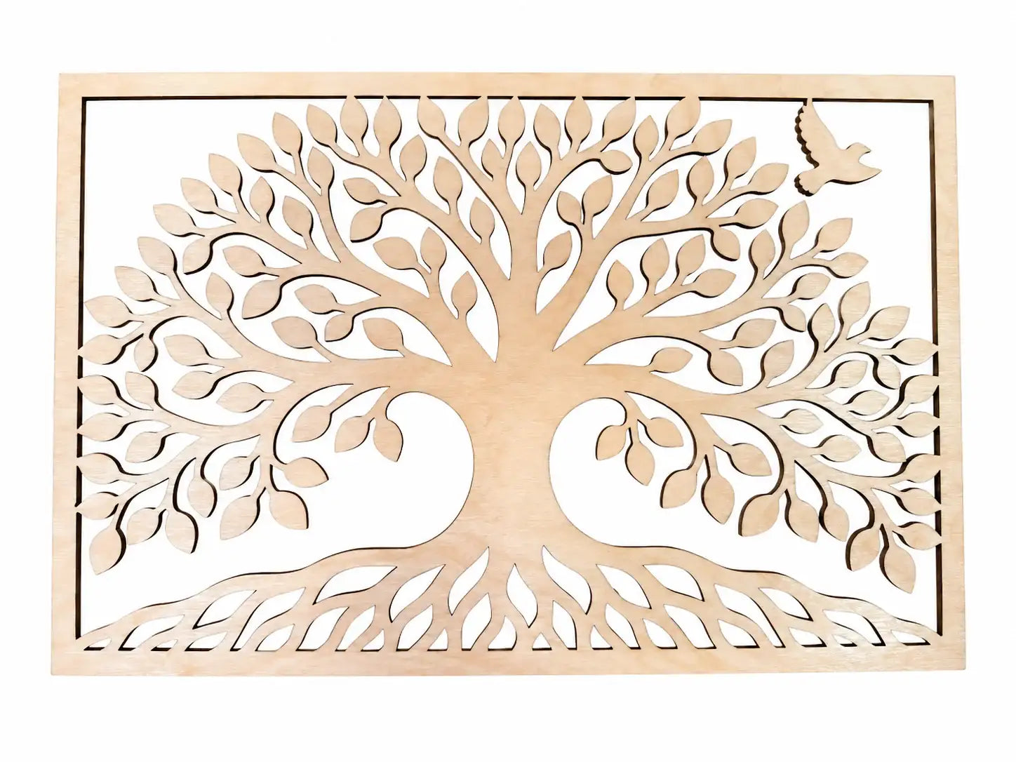 Laser-cut wooden Tree of Life wall art with intricate branches, roots, and flying bird, handmade decor
