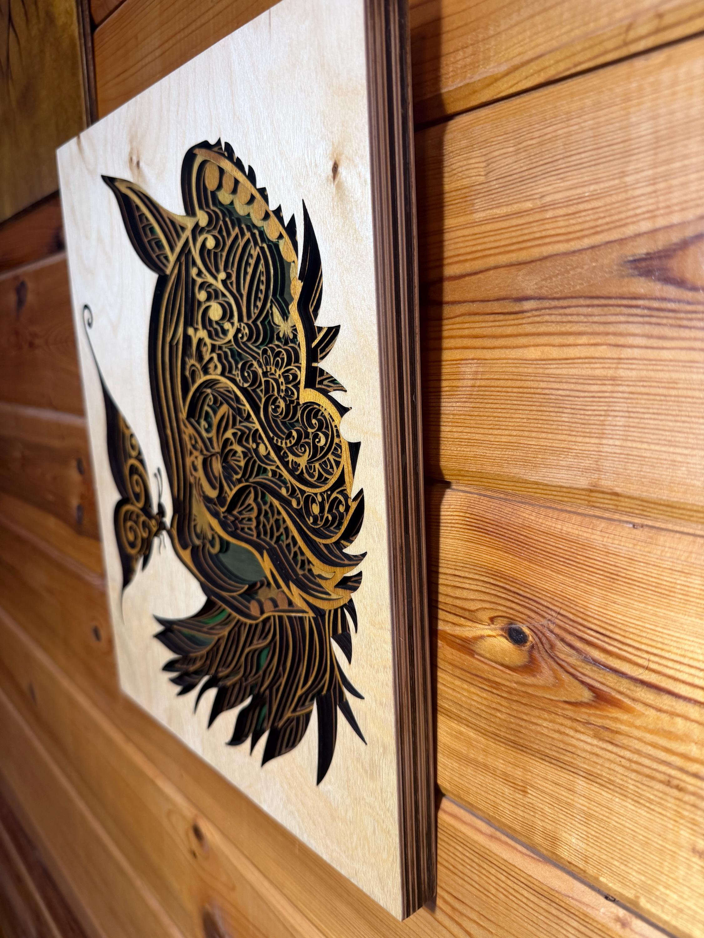 Layered wood owl wall art with intricate laser-cut details, handcrafted for rustic home decor
