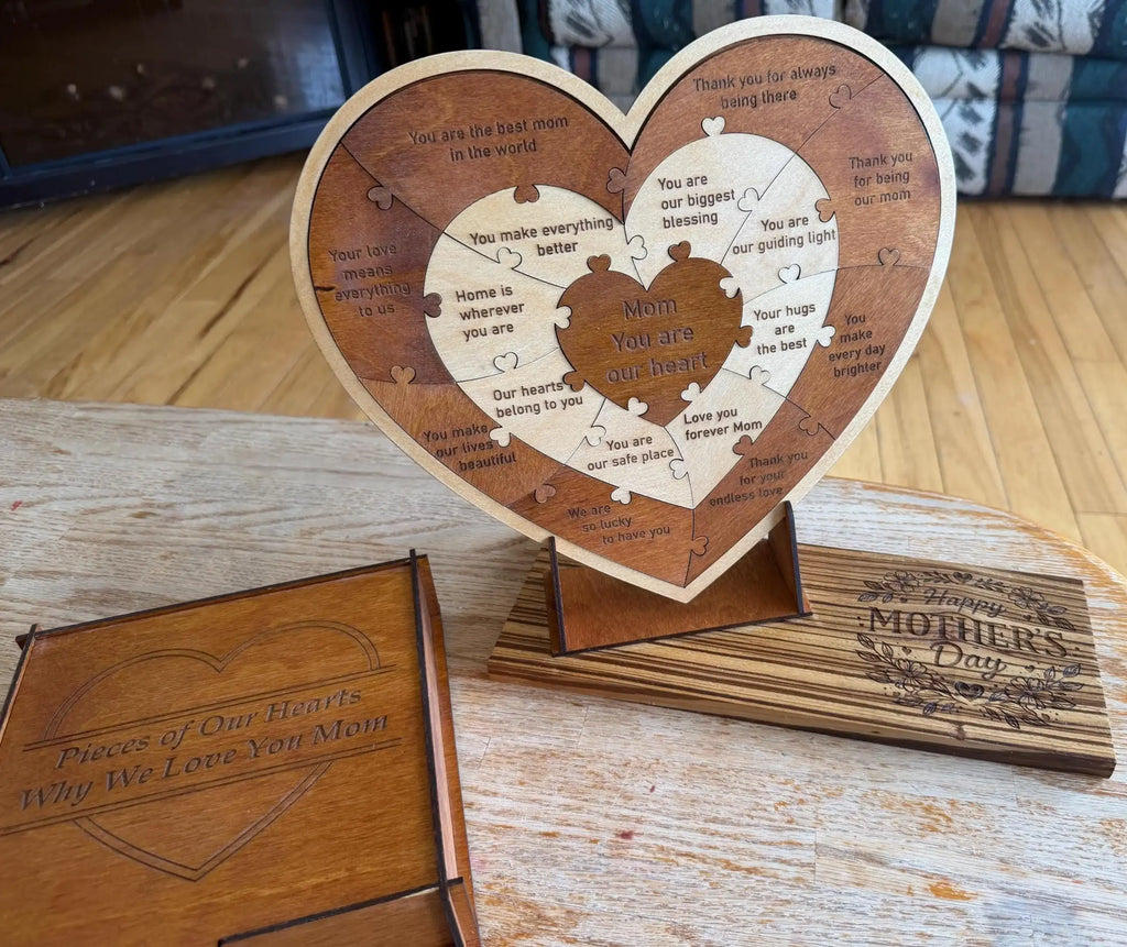 Heart-shaped wooden puzzle with engraved messages for Mom, perfect Mother's Day gift