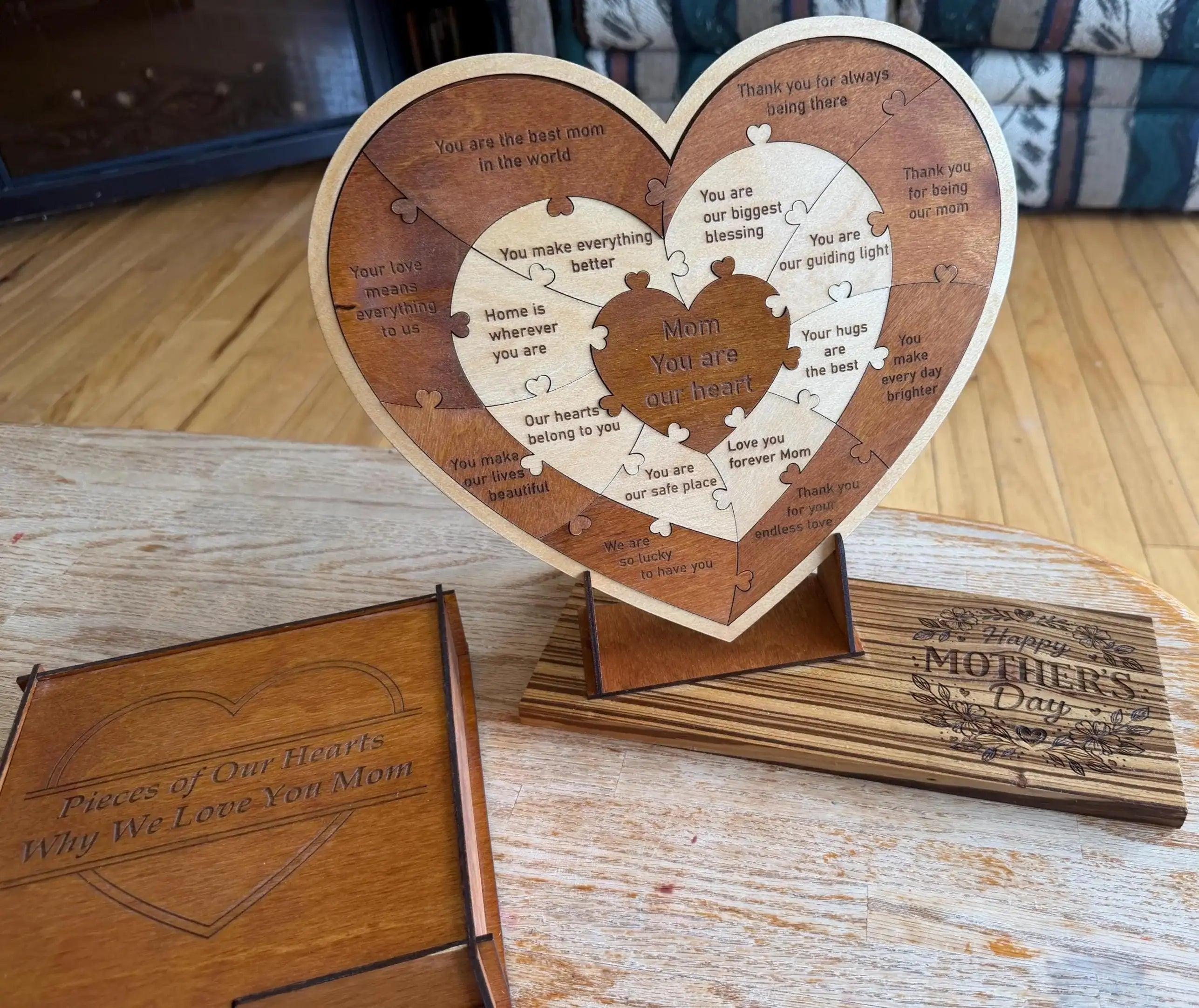 Heart-shaped wooden puzzle with engraved messages for Mom, perfect Mother's Day gift