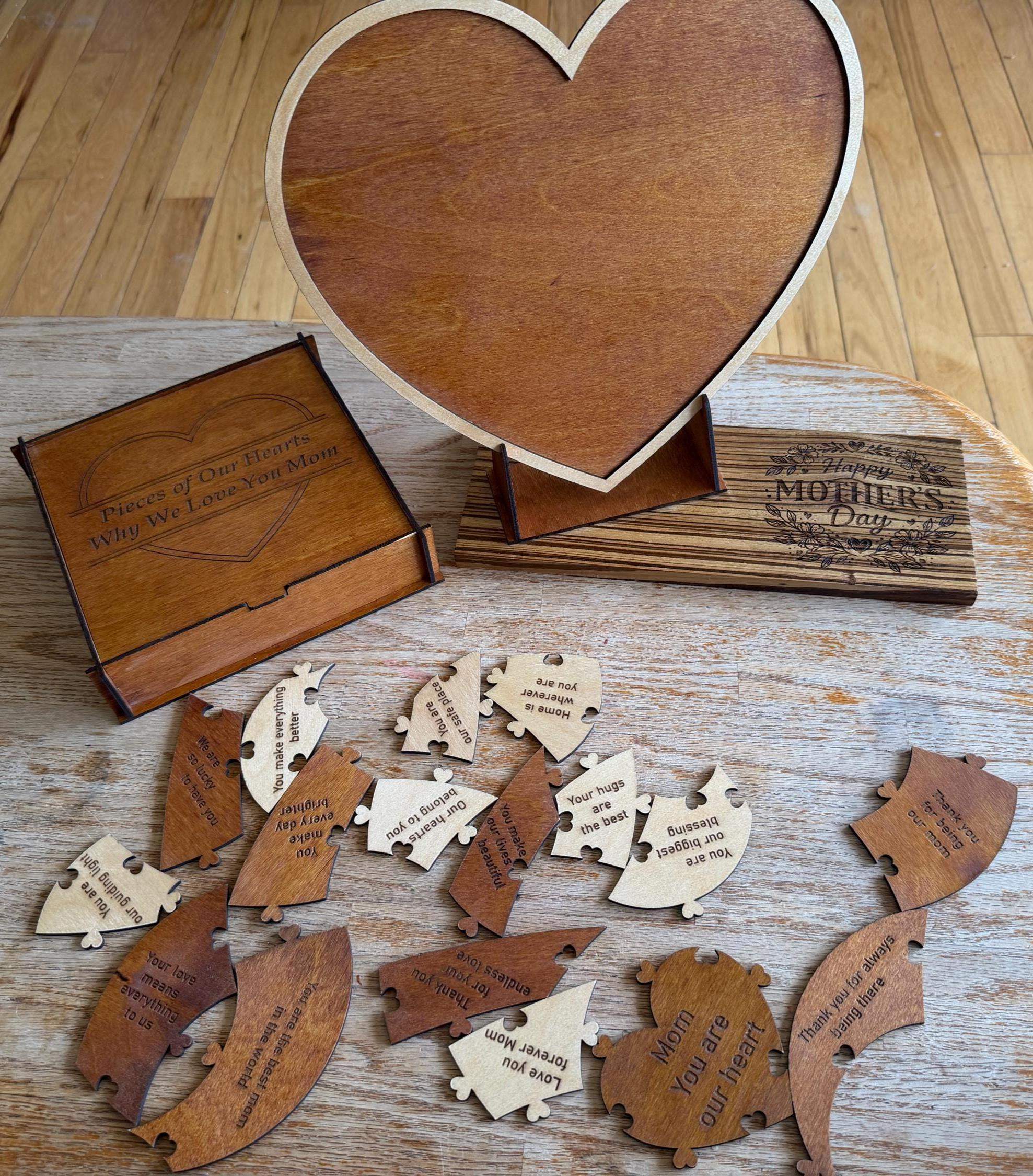 Handcrafted wooden heart puzzle with engraved love messages, perfect for Mother's Day or custom gifts