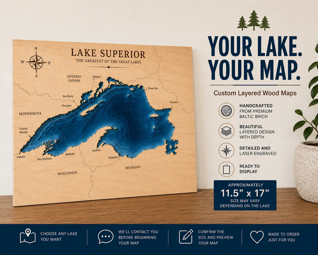 Handcrafted layered wood map of Lake Superior, laser engraved with depth details, custom lake decor made to order