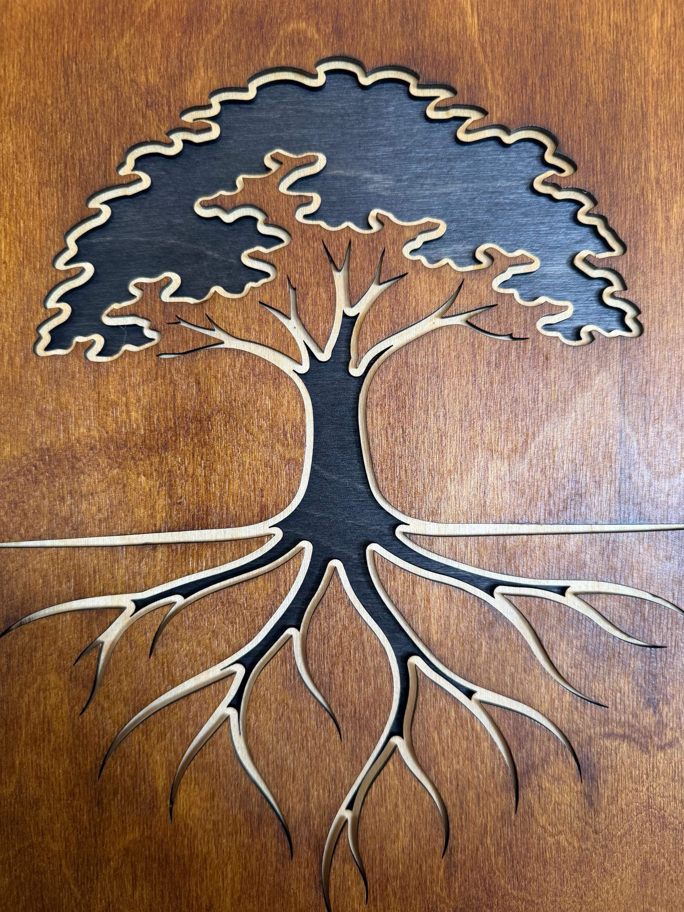Layered wood tree art with roots, laser-cut wall decor for rustic home design
