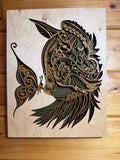 Layered wood art of a hummingbird and butterfly, handcrafted laser-cut wall decor with intricate mandala details.