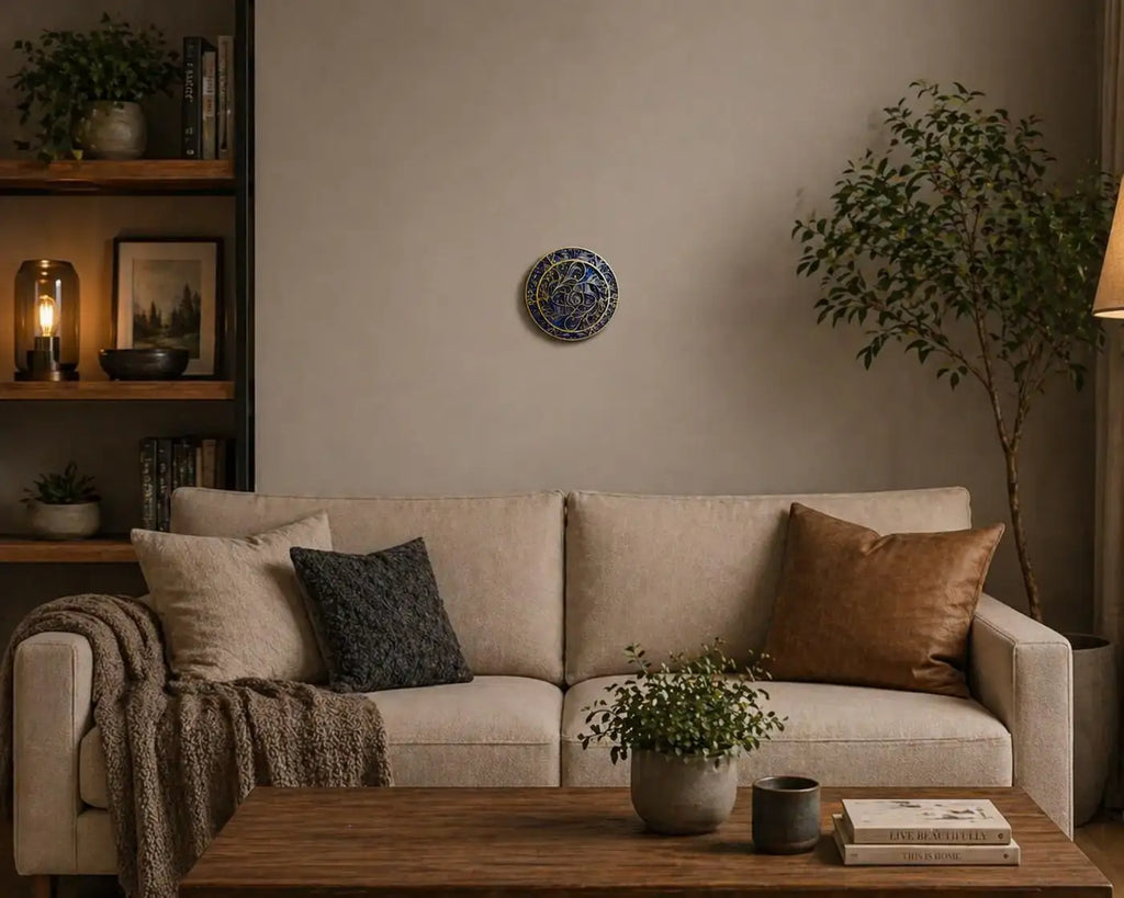 Handcrafted blue and gold mandala wall art in cozy living room with sofa, plants, and warm lighting