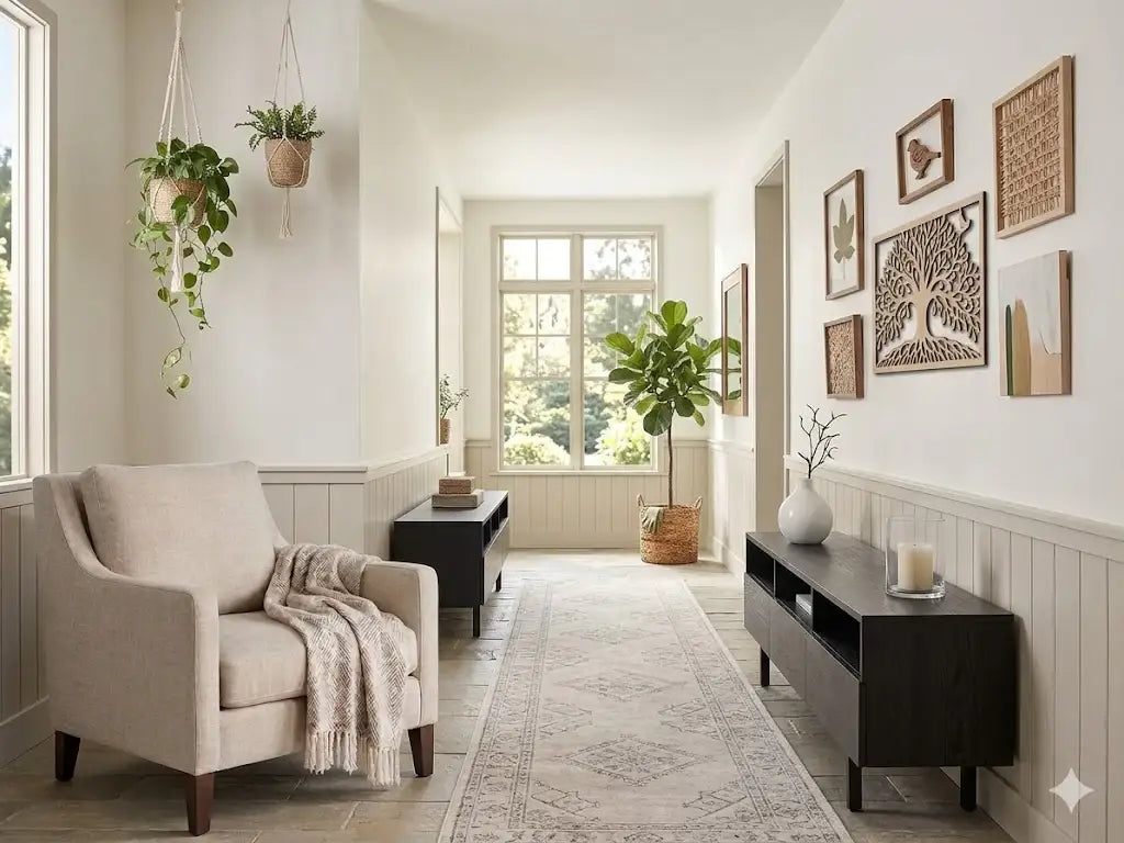 Cozy hallway with layered wood wall art, hanging plants, and neutral decor for modern farmhouse style